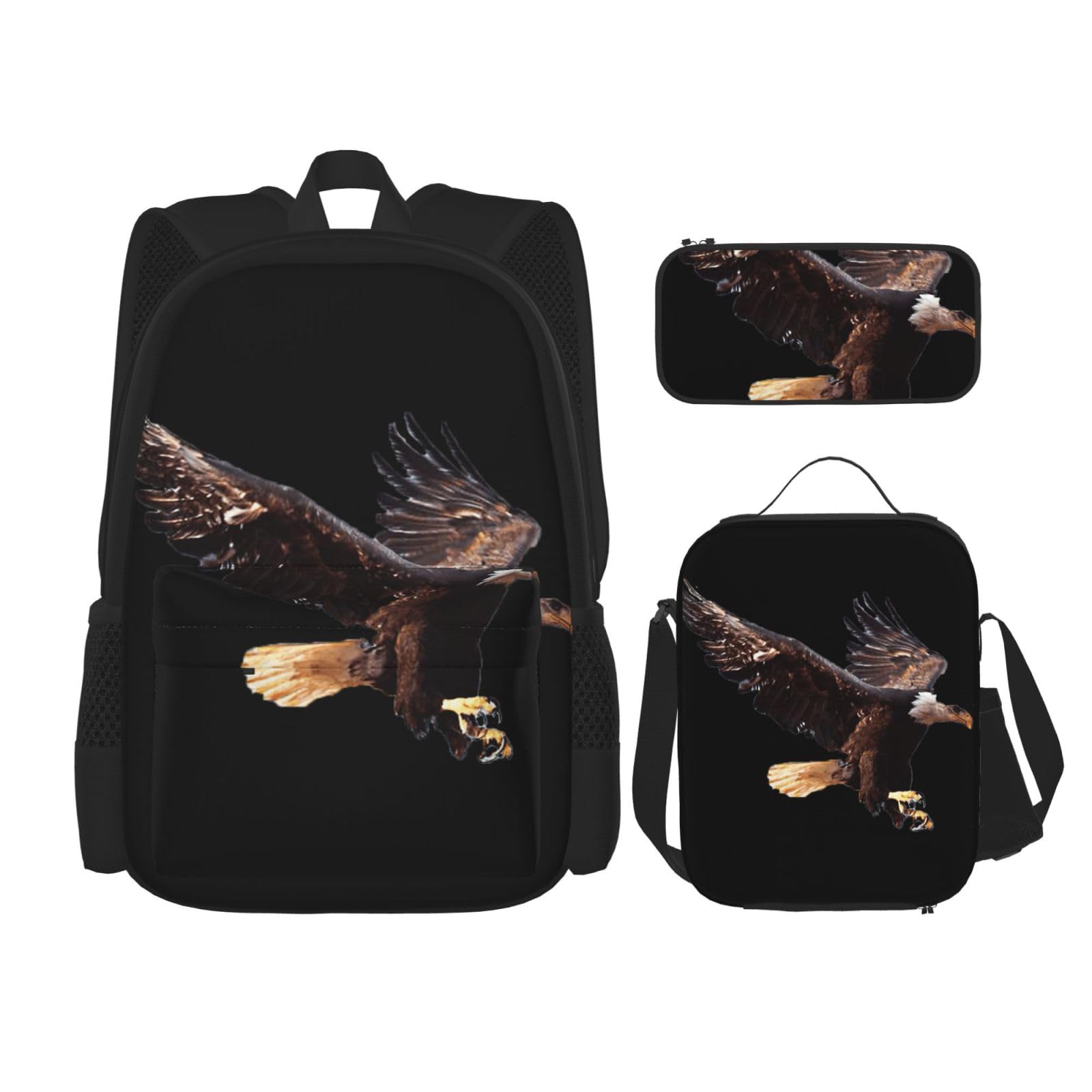 Juego de 3 mochilas escolares con estampado de águila, mochila para laptop resistente al agua de gran capacidad con bolsa de almuerzo aislada y estuche para lápices para adolescentes de