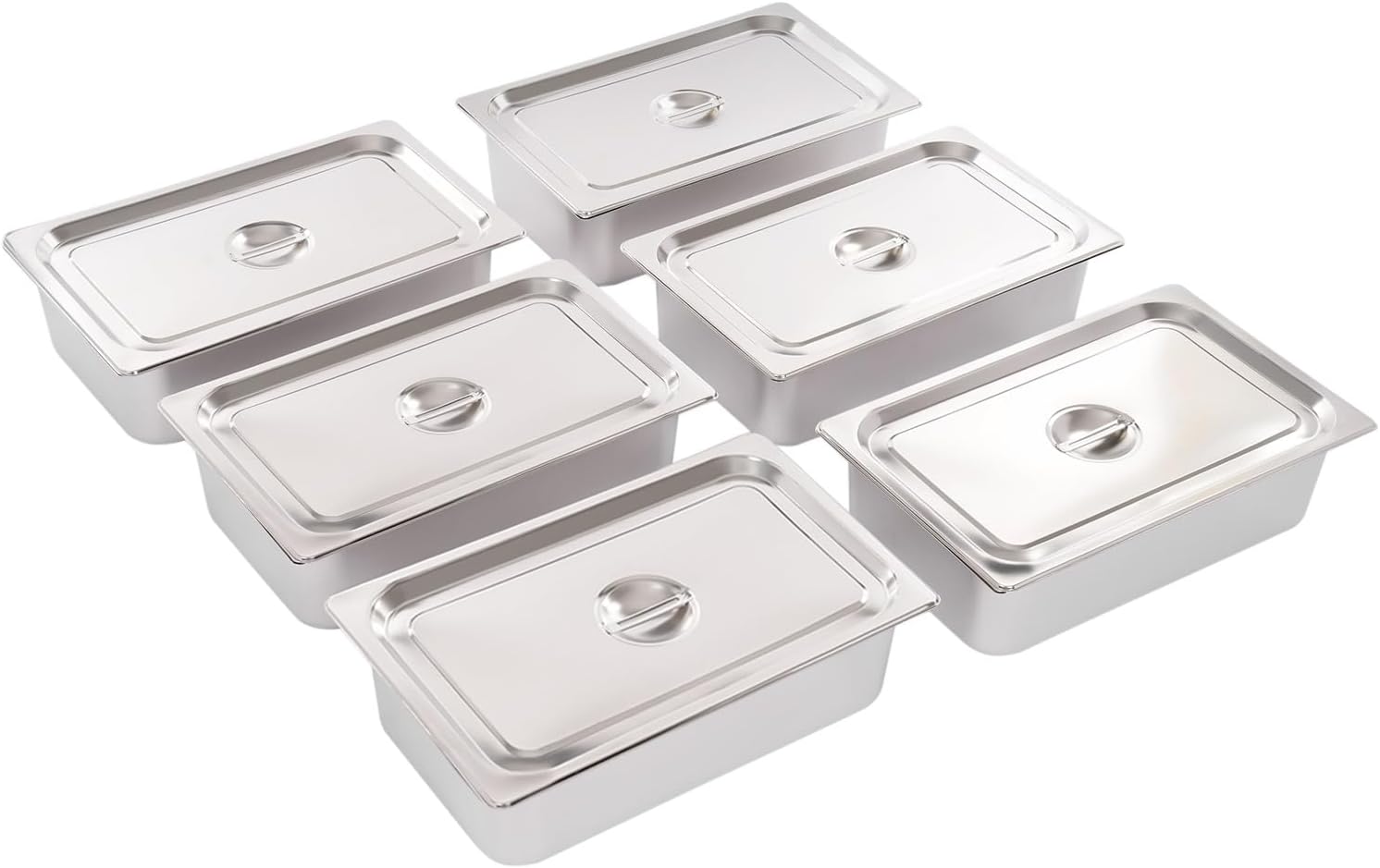 6PCS Stainless Steel Hotel Pans With Lids, 1/1 Size Hotel Pans, 6'' Deep Hotel Steam Table Pans, Commercial Food Storage Containers Stackable Metal Steamer Pan for Party, Restaurant, Hotel