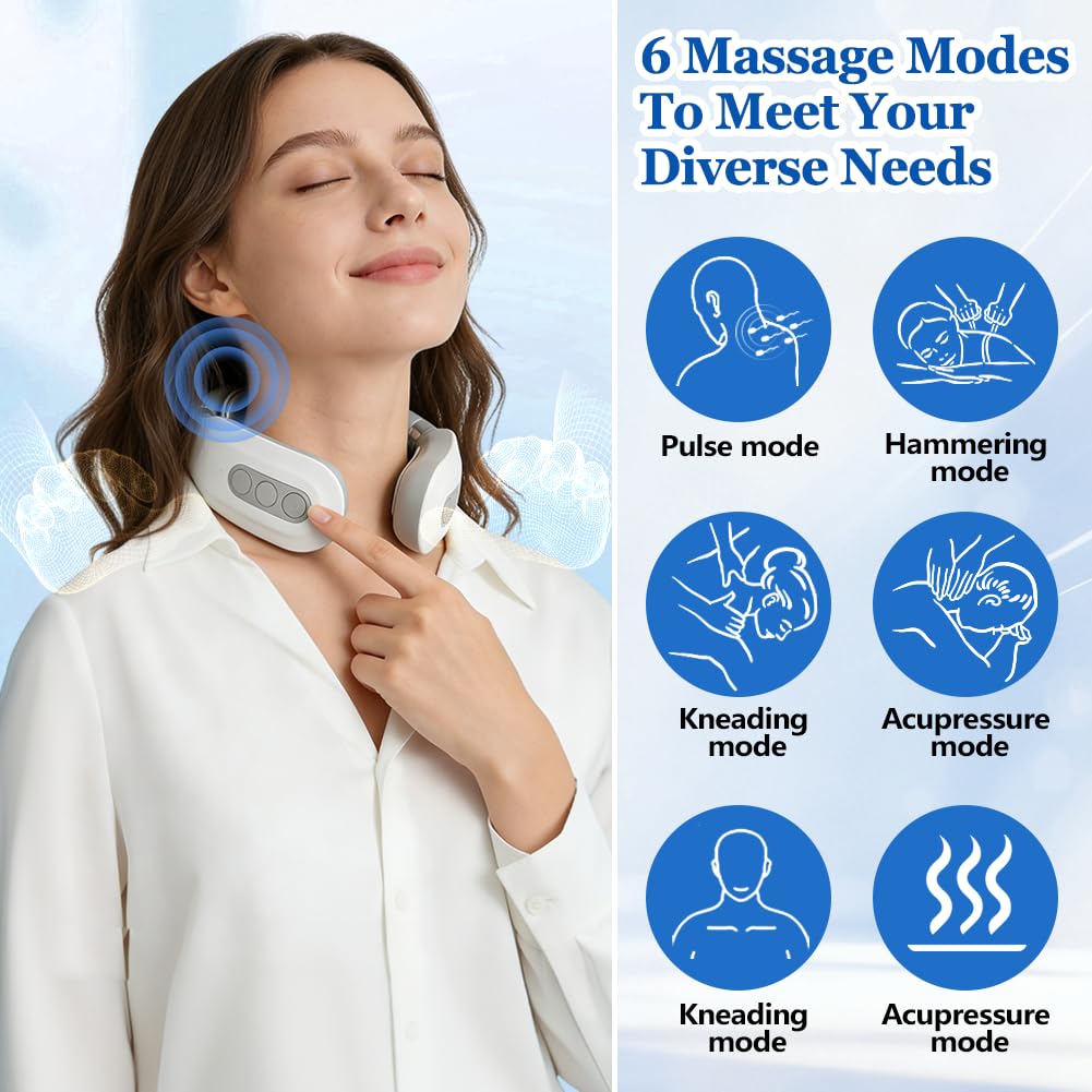 Elektrisches Puls-Nackenmassagegerät mit 42°C Wärmetherapie,4 Kopf Massage 6 Modi, 16 einstellbare Kraftstufen, Tragbar, zur Linderung von Nackenschmerzen für Büro, Zuhause, Reisen