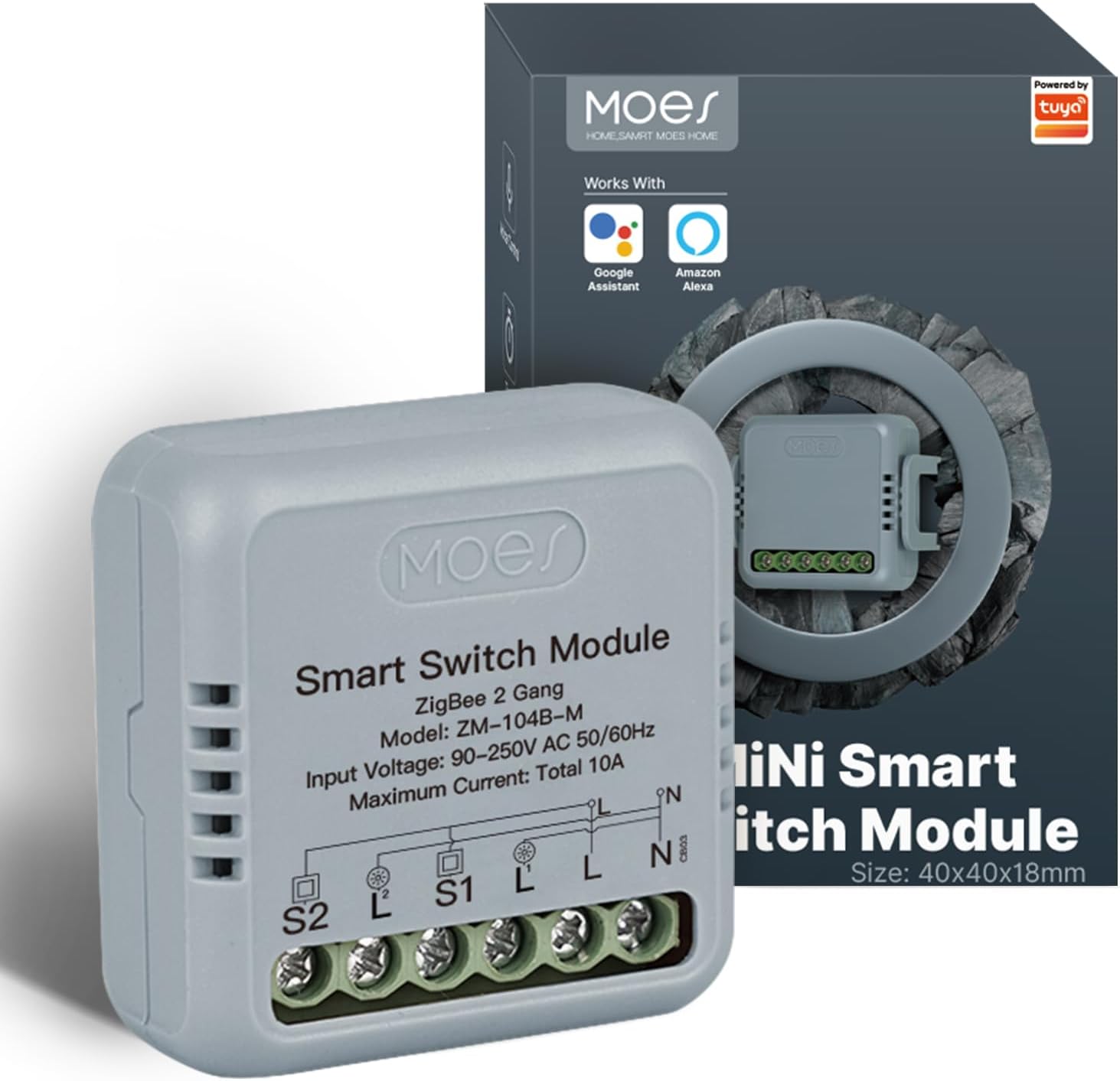 Mini Smart Light Switch Zigbee Module, Requires Neutral Wire and Zigbee Gateway, Toggle Switch Flush Mounted, MOES APP Control, Compatible with Alexa and Google Home - 10A 2 Gang