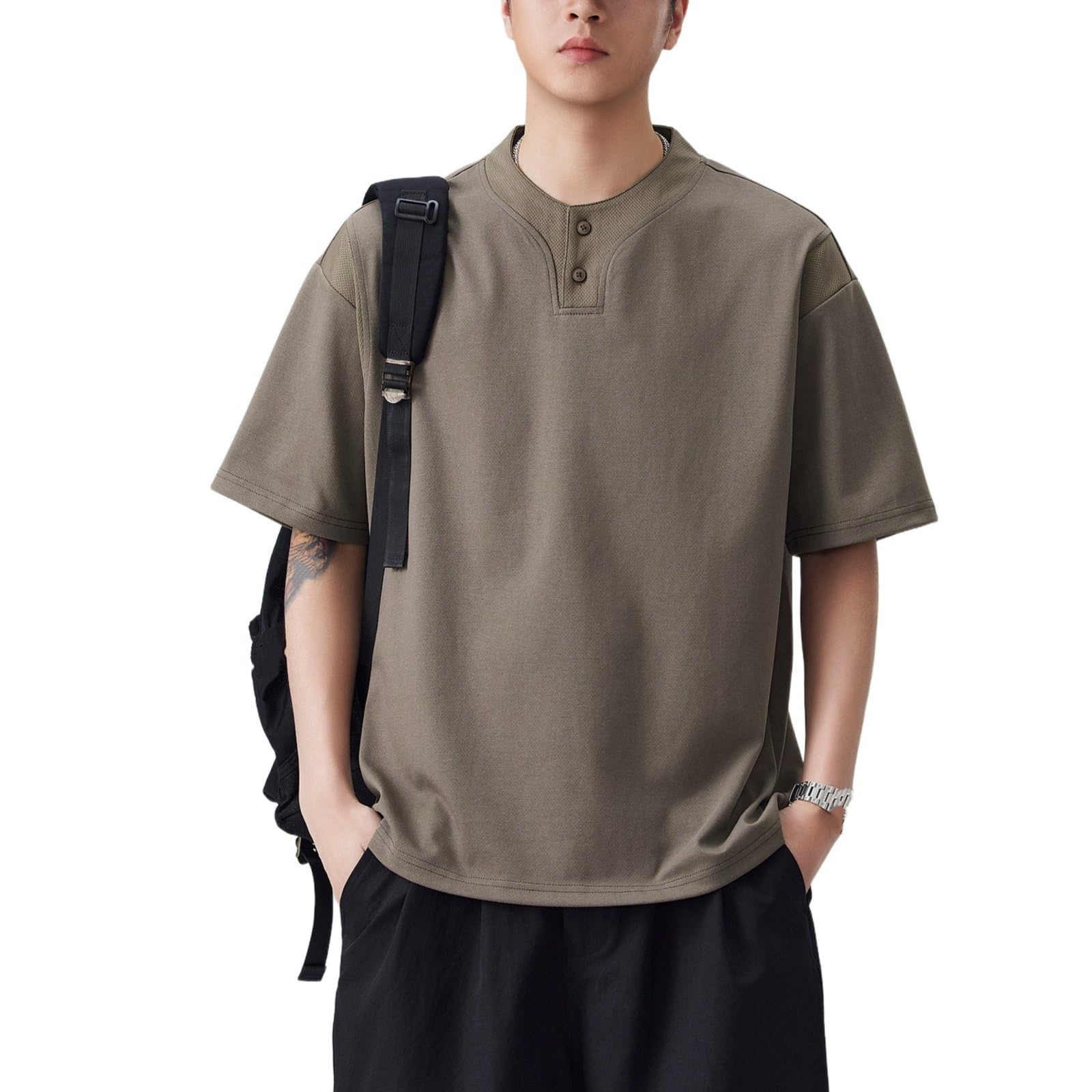 T-Shirt Henley Oversize Da Uomo, Manica Corta Testurizzata Casual Vestibilità Larga Streetwear Top Estivo