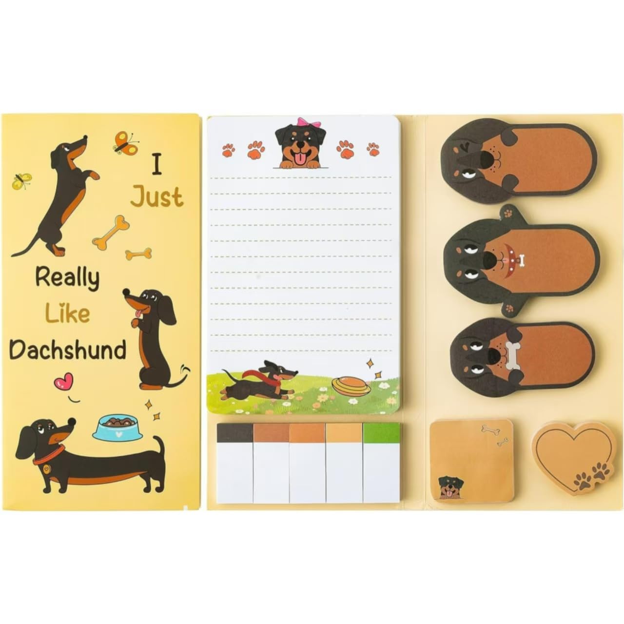 Yellow Dachshund Sticky Notes Set, 550 Sheets,Cute Cartoon Dog Post It Notes with 3 Point Pens, Self-Adhesive Writing Memo Pages Back to School Office Supplies