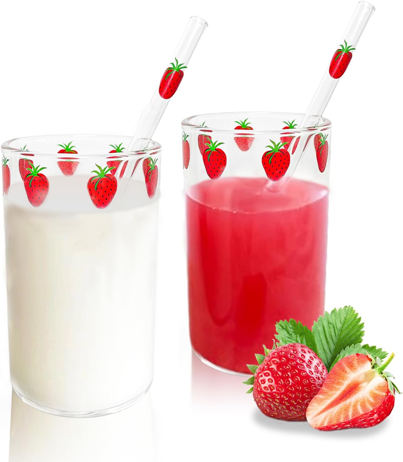 Strawberry Cups 2 Sets with Straws Cute Cups 300ML with Straw Cleaner Brush Cute Strawberry Pattern for Water Juice Milk Coffee Tea（2 Sets）