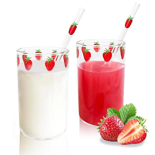 BolianOvi Strawberry Cups 2 Sets with Straws Cute Strawberry Cups 300ML with Straw Cleaner Brush Cute Strawberry Pattern for Water Juice Milk Coffee Tea(2 Sets)