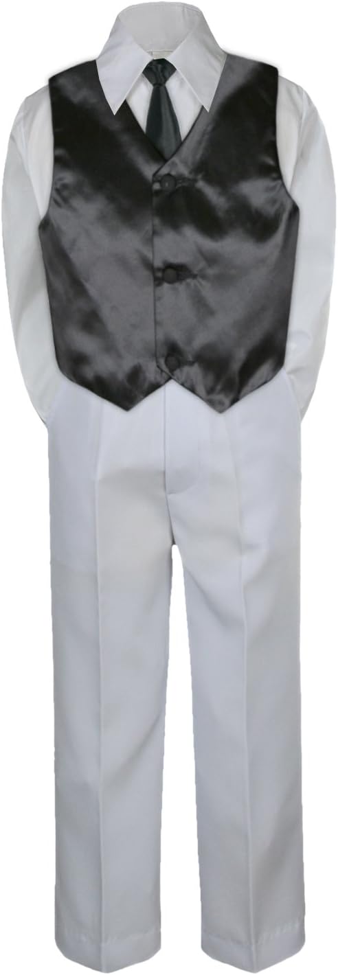 Leadertux 4pc Formal Little Boys Black Vest Necktie Sets White Pants Suits S-7