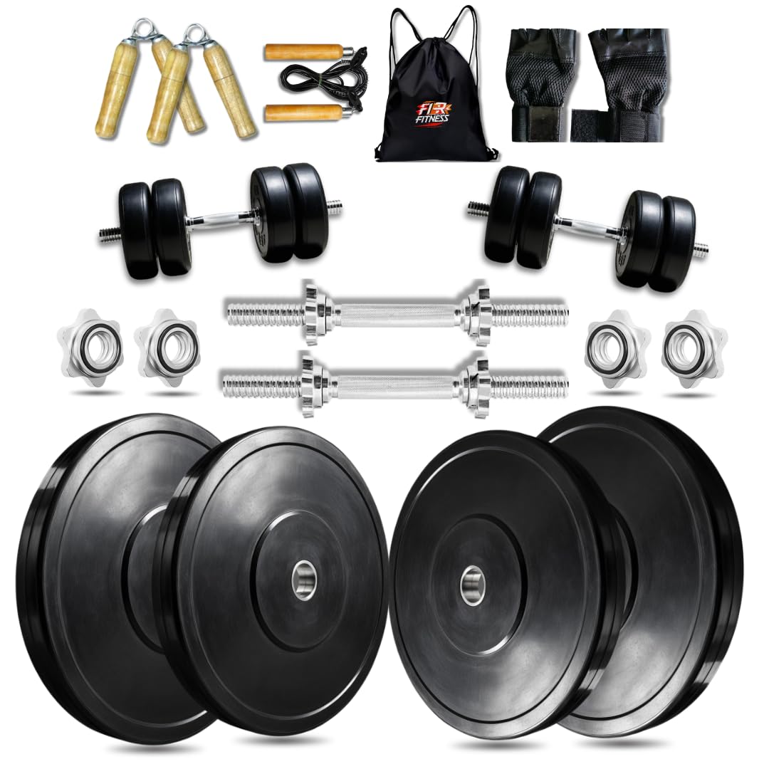 10KG Rubber Weight Plate Gym Set | Steel 14 inch Star Nut Dumbbell Rod & Full Accessories | Home Gym Combo for Strength Training & Workout-image-36