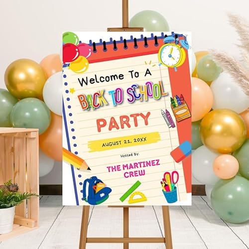 Back to School Party Welcome Sign Poster - Editable First Day of School Decor for Kids, Colorful Notebook Theme Banner for Classroom, Students, Teachers, School Event Decoration (50)