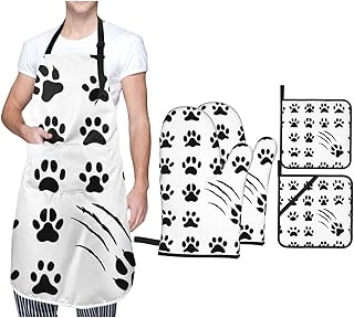 USZDKL Zwierzęce łapy nadruki fartuch rękawica do piekarnika i garnek uchwyt 5 szt. zestaw, regulowany fartuch rękawice odporne na ciepło dla mężczyzn kobiet