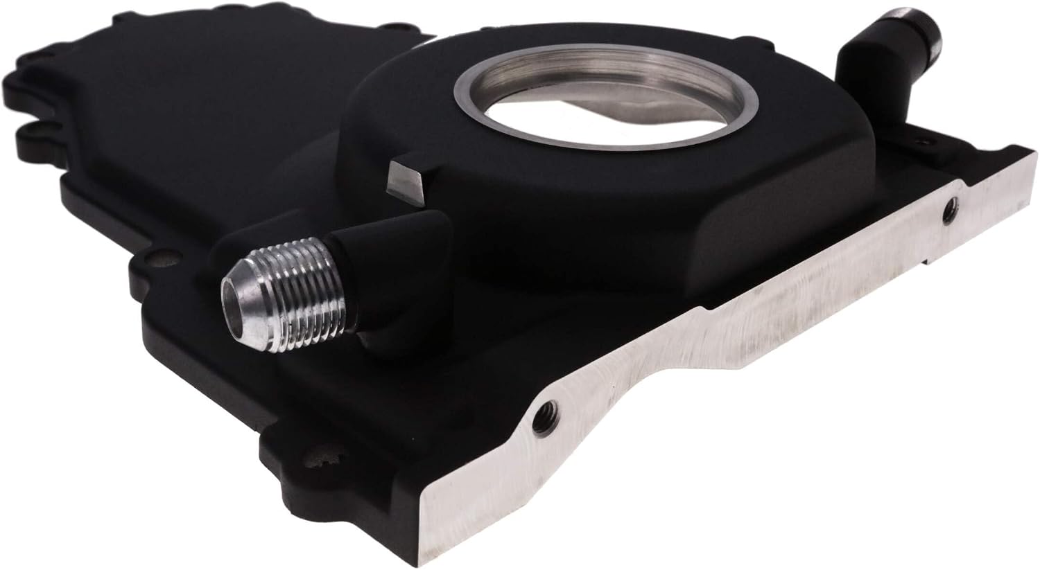 Top Street Performance 1-Piece Aluminum Timing Cover for GM LS with Turbo Oil Drain Return and Cam Position Sensor Provision, Harness, Crank Seal, and Gasket - Black