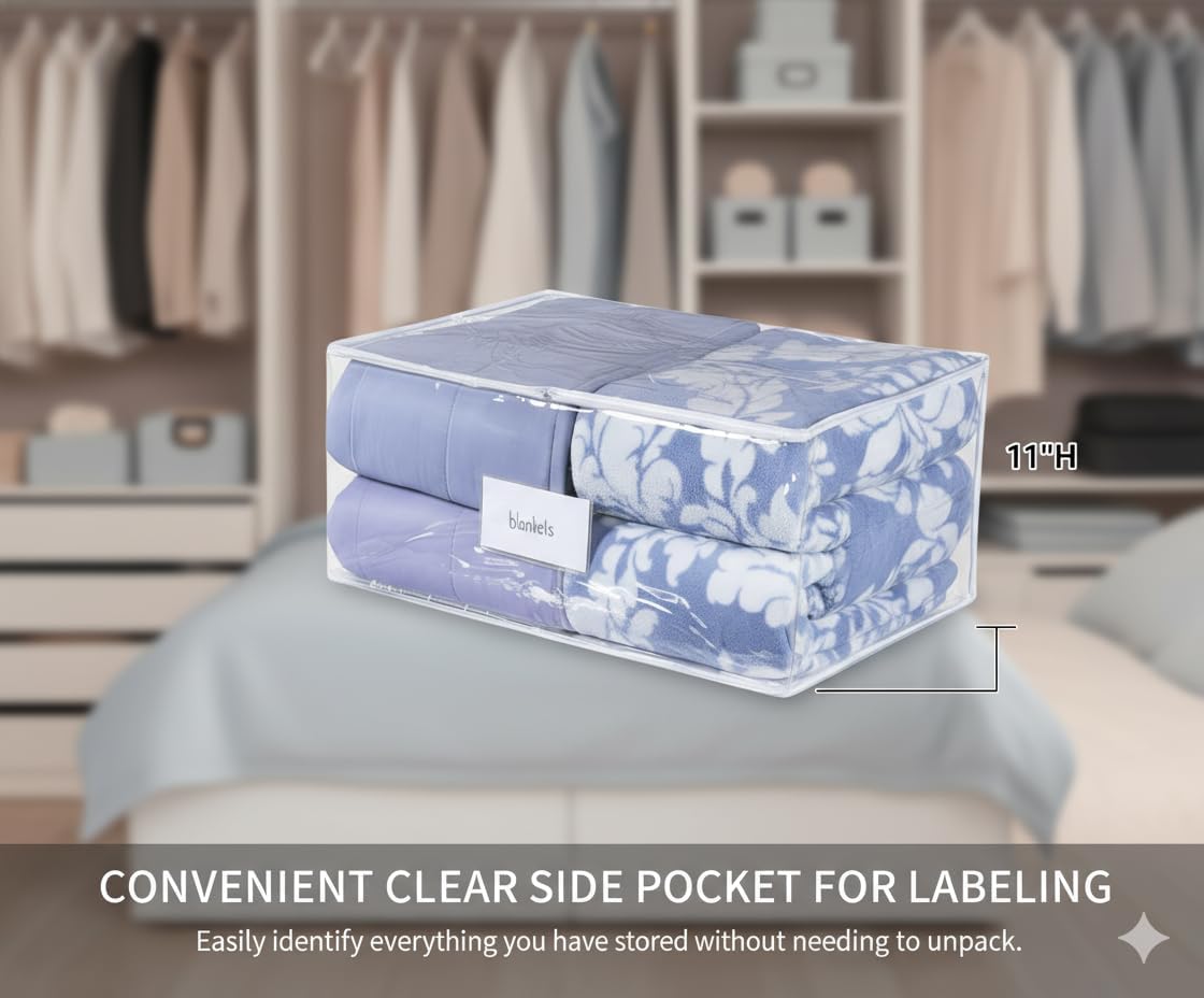 Masirs Clear Blanket Storage Bag (2-Pack) - Vinyl Clothing Organizers with Zipper & Label Pocket - Protects from Dust, Moisture & Dirt - Ideal for Underbed Storage Sheets, Comforters & Bedding - Image 3