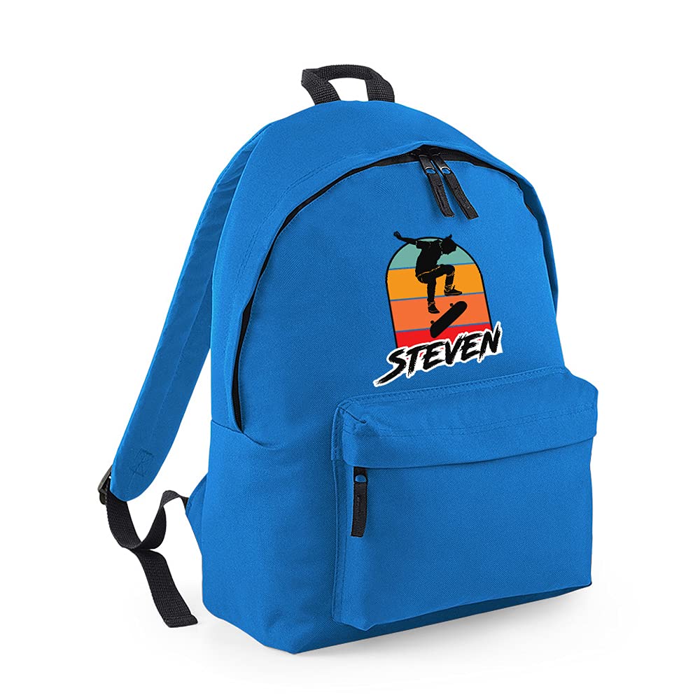Getagift Unisex Kids Sapphire Blue Personalised Any Name Skateboarding, Silhouette Skater, Skateboarder Gift For Boys/Girls/Toddler/Children, Fashion Backpack For Nursery, Rucksack Shoulder Bag. (Sapphire Blue)