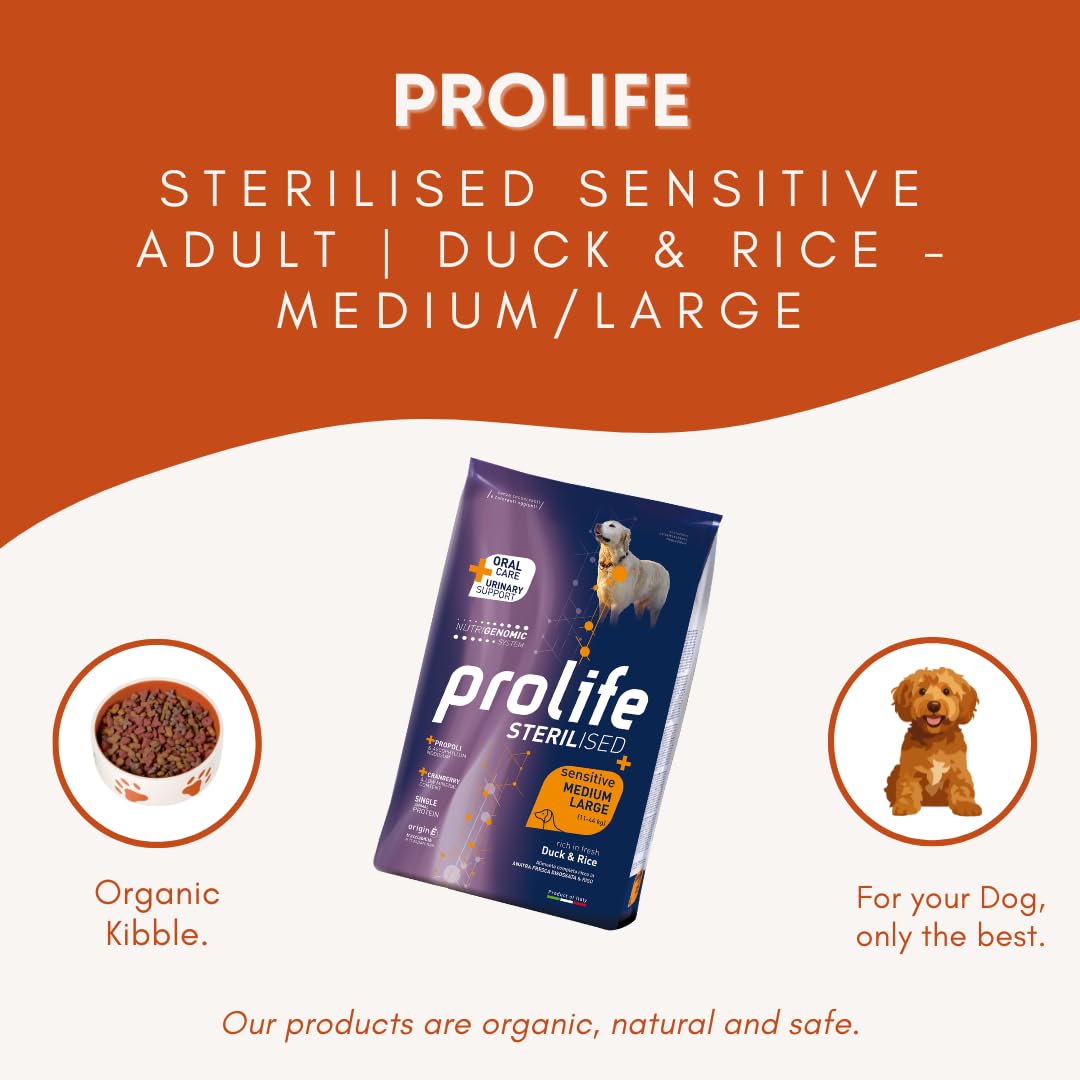 PROLIFE Cane Sterilised Sensitive Adult Duck & Rice - Medium/Large | alimento secco completo per cani adulti sterilizzati di taglia media e grande, prodotto monoproteico, 1 confezione da 12kg.