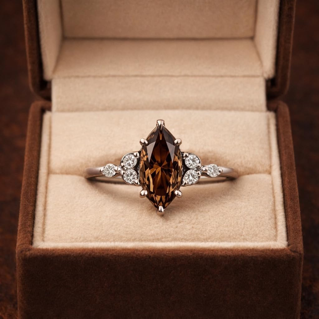 Marquise Cut Smoky Quartz Engagement Ring for Women 14K Rose Gold CZ Diamond Accent Ring Vintage Inspired Wedding Unique Promise Jewelry Gift for Her