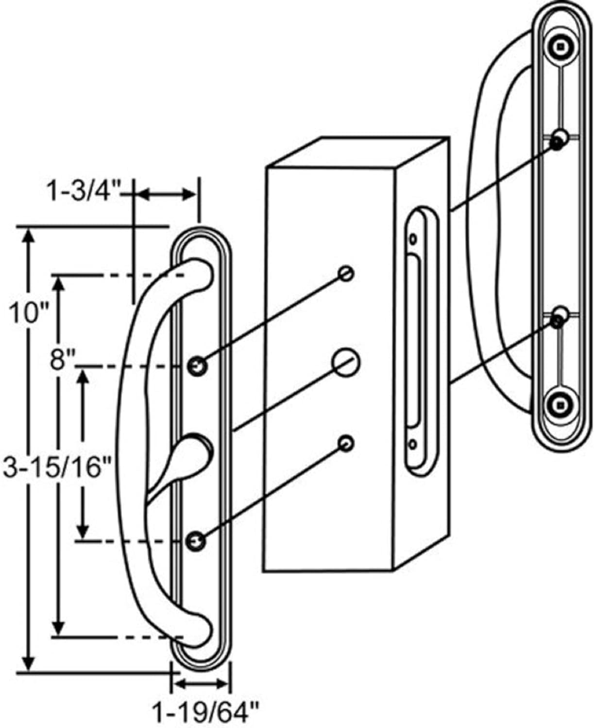 10" Olympus Sliding Patio Glass Center Latch White Pull Handle Set Replacement - fits 3 ¹⁵/₁₆ inches Hole Spacing, and 1-1/4" to 2-1/4" Door Thickness - Fix and Repair Door Hardware