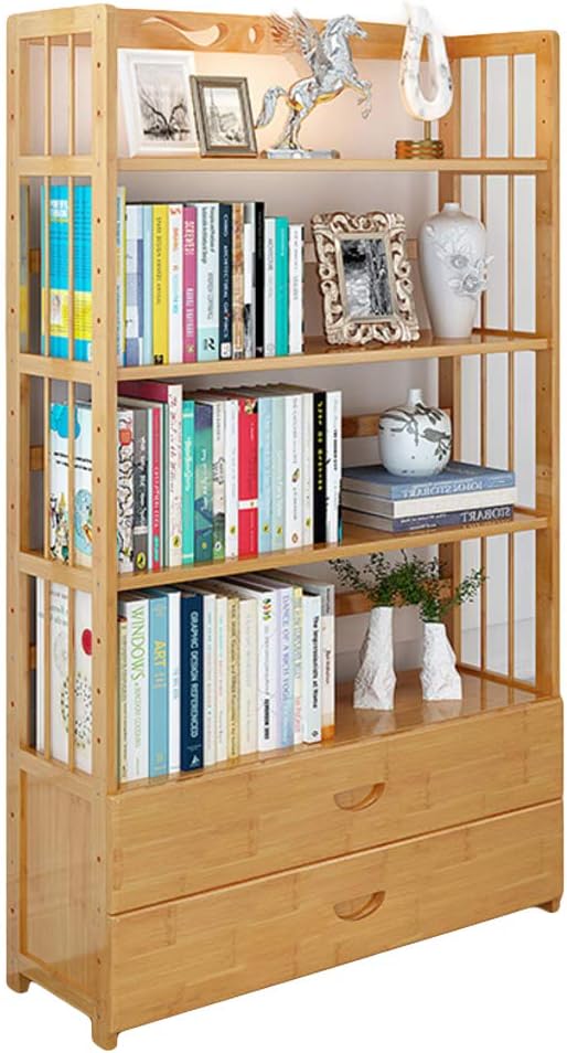 DULPLAY Bamboo natural 2-4-tier Bookshelf,Shelf bookcase With drawer Easy assembly Open shelf Floor-standing Multifunctional Home office furniture-I 80x26x151cm(31x10x59inch)