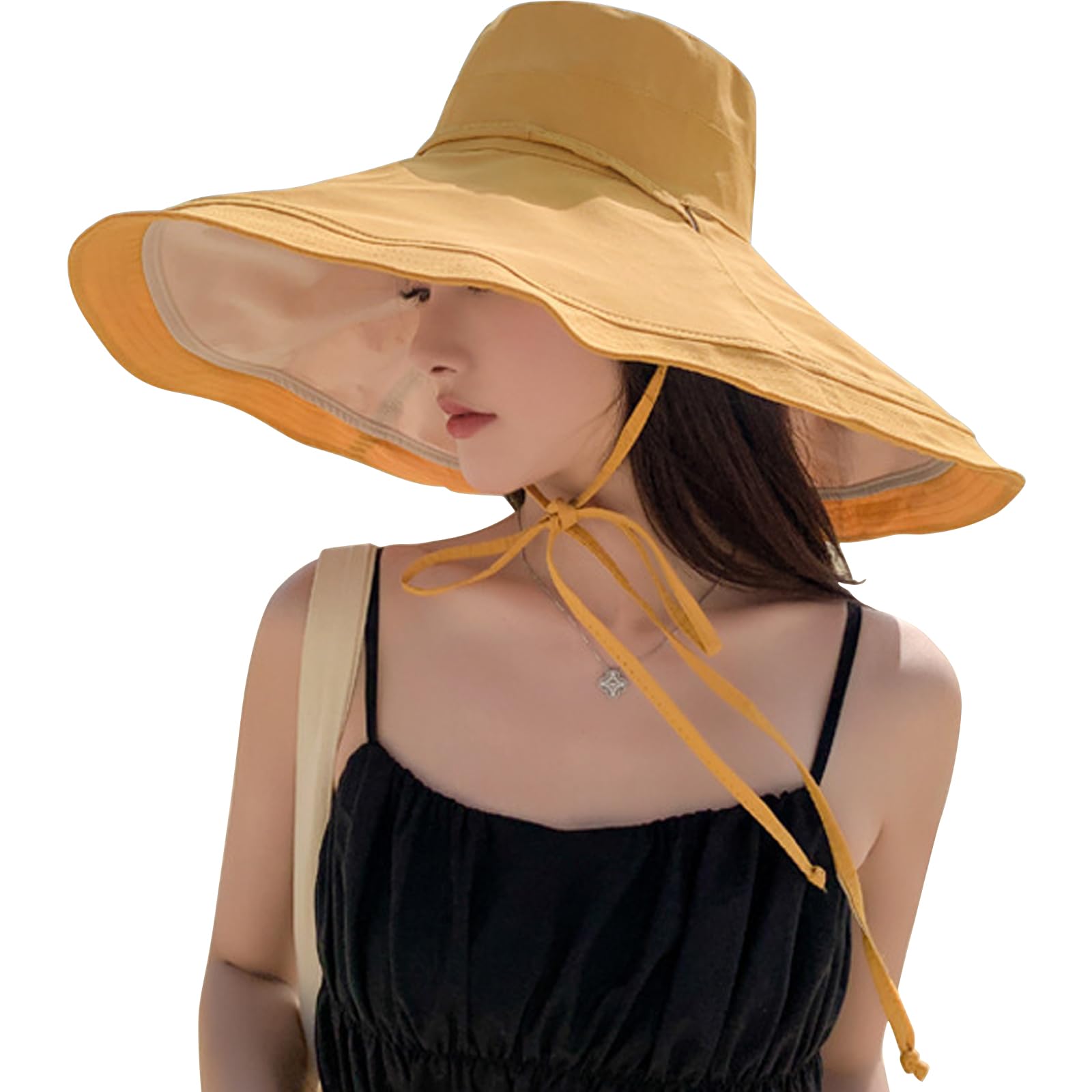 Women Wide Brim Sun Hat Floppy Sun Visor UV Protection Beach Hat Breathable Summer Bucket Hat Fishing Hats Visors Foldable Hats UPF 50+ (Polyester, Yellow)