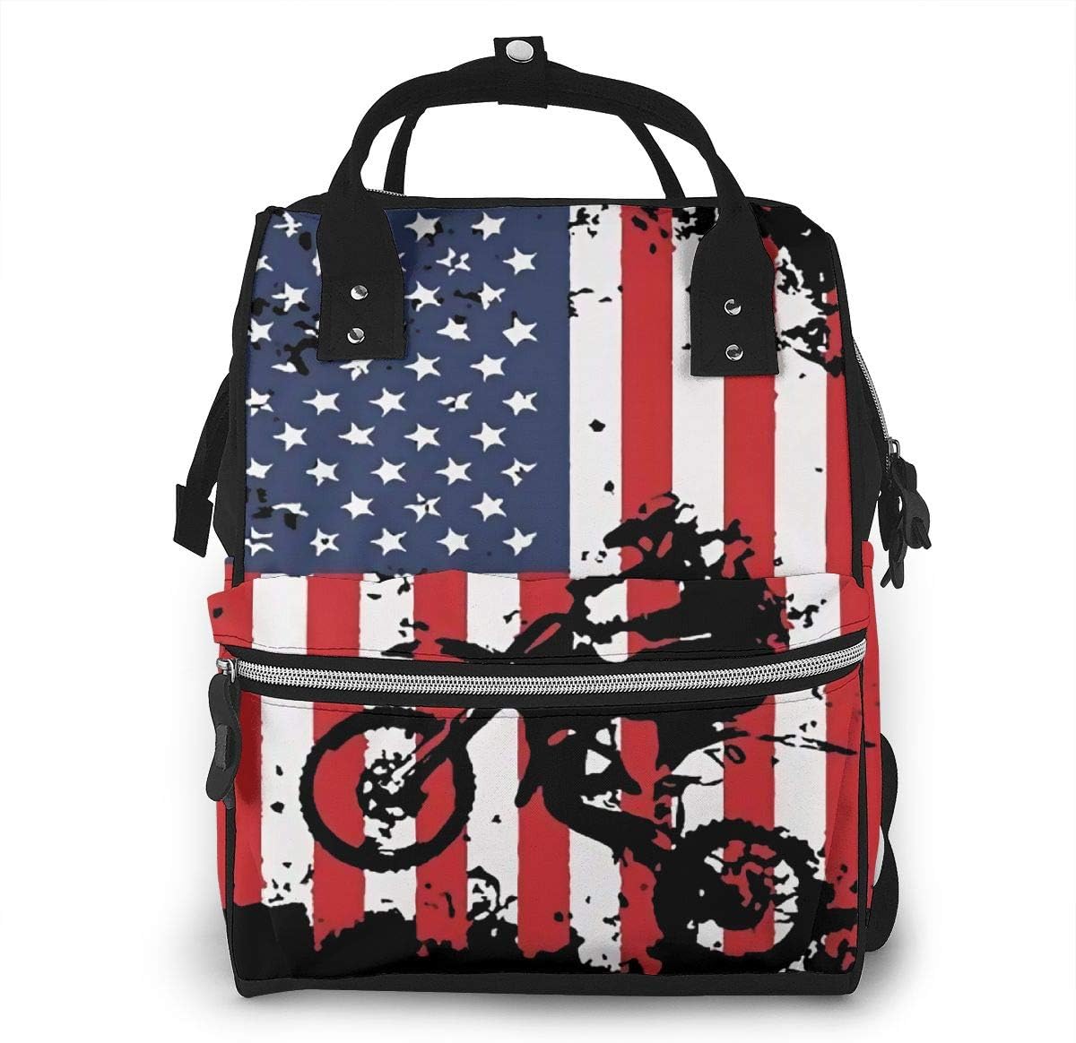 Motocross Vintage Dirtbike American Flag Baby Diaper Bag Backpack,Multi-Function Waterproof Large Capacity Travel Nappy Bags for Mom