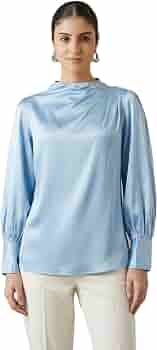 First Resort Blue Shoulder Pleated Embellished Satin Shirt (X