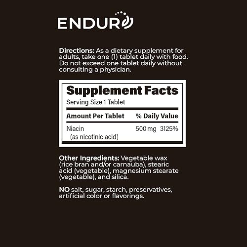 Miniatura 6 de ENDUR-ACIN Niacina - Vitamina B3 niacina 500 mg de liberación prolongada y bajo enjuage 200 comprimidos - Apoya el equilibrio del colesterol y la