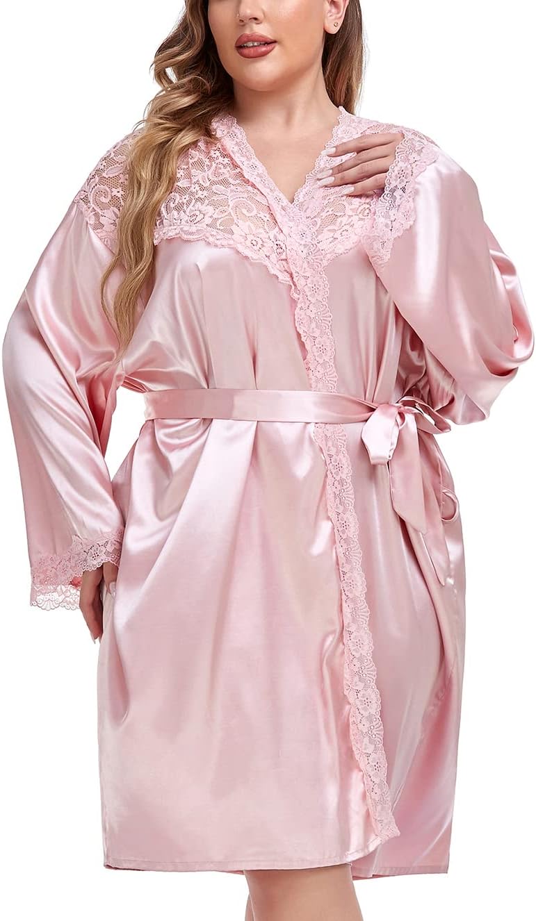 VOGUEMAX Women's Plus Size Kimono Robe Short Silky Bathrobe Soft Wedding Party Dressing Gown with Lace