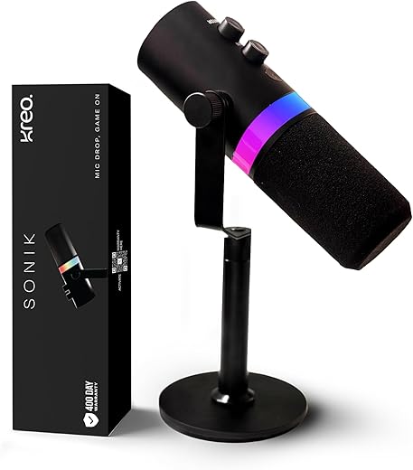 Kreo Sonik Dynamic Gaming Microphone – XLR/USB Mic with RGB Lighting, Gain &amp; Mute Control, Desk Stand – for PC, Mobile, Co