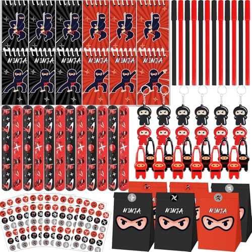 84pcs Karate Party Favor Set Red Black Karate Paper Bag Notepad Pen Slap Bracelets Key Chain TPR Stretchy Flying Toys Stickers Party Supplies for Boys Girls Birthday Classroom Activities Decorations