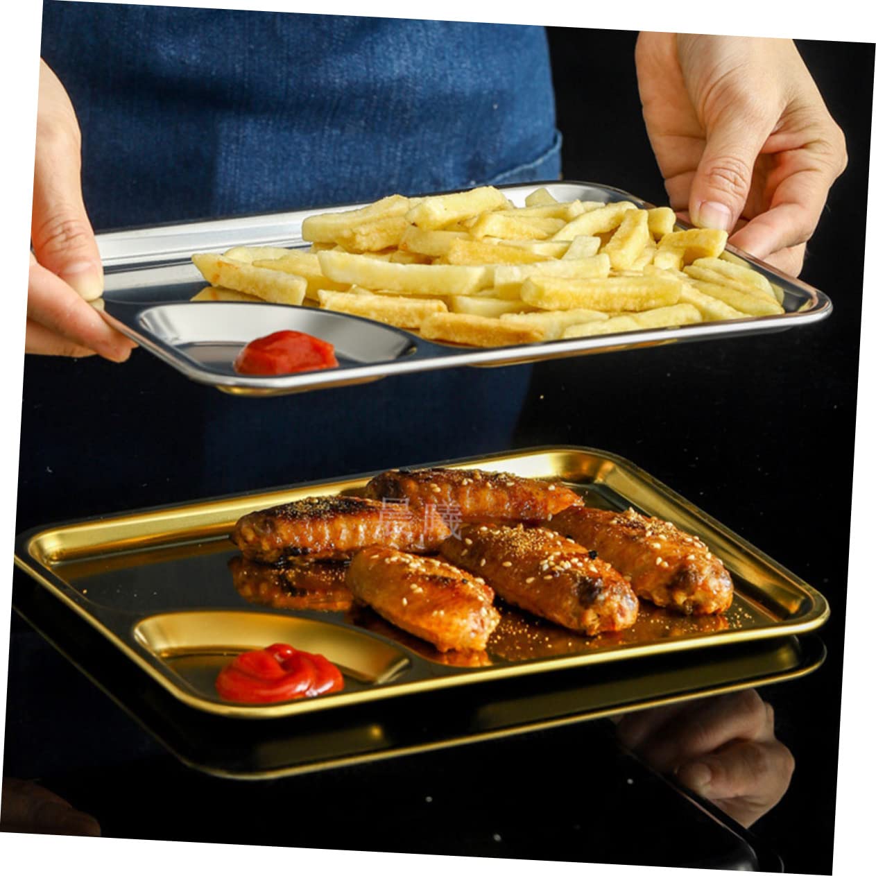 MOLUCKFU 2pcs French Fries Chicken Plate Sushi Dipping Bowl Snack Trays Portion Control Bowls Chips and Salsa Plate Kitchen Accessory Appetizer Tray Silver Stainless Steel