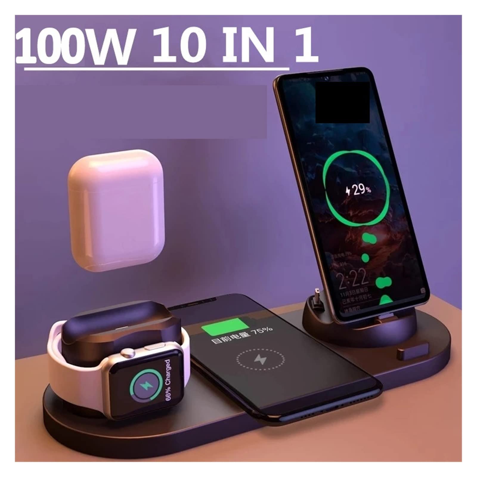 Chargeur sans Fil 10 en 1 Chargeur sans Fil Rapide Station d'accueil de Charge for écouteur de Montre de téléphone(Black with Plug)