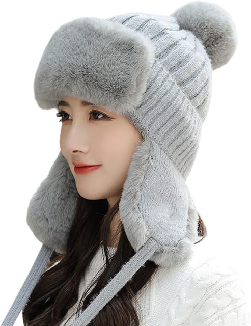 Faux Fur Trapper Hat for Women Russian Bomber Hats Trooper Winter Ushanka Hat Windproof Warm Thick Snow Skiing Cycling Hunting Aviator Hat Ear Flaps Hat Earflap Cap Thermal Cold Weather Fisherman Cap