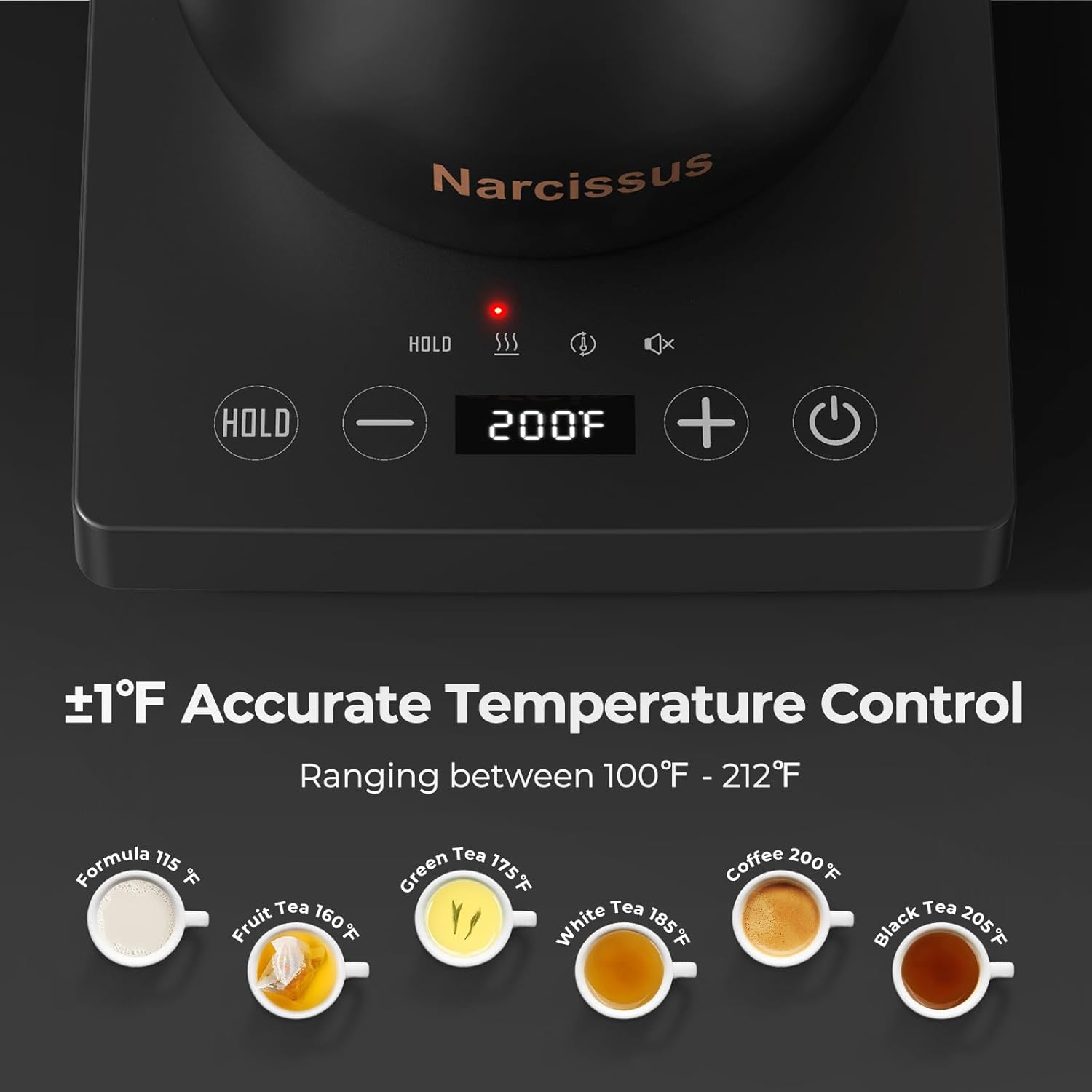 Narcissus P901 Gooseneck Electric Kettle with ±1℉ Temperature Control Function, 1200 Watt Rapid Boiling in 5 Mins, Max 6 Hours Keeping Warm, 304 Stainless Steel Interior, BPA Free, Black