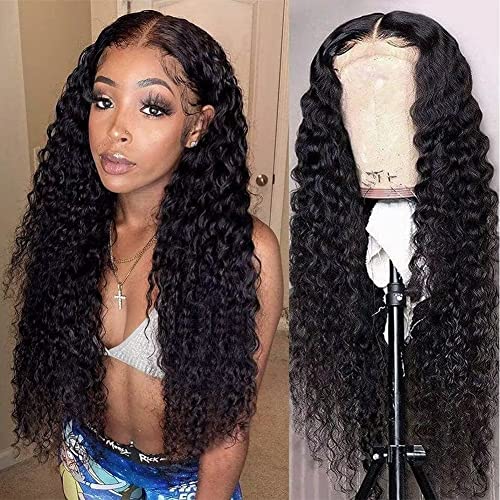 LOVFIR 18 Pouce Perruque Bresilienne Lace Frontal Human Hair Curly Wig Cheveux Naturels Brésilienne Perruque Meche Cheveux Deep Wave Wig Femme Bouclés Noir Cover