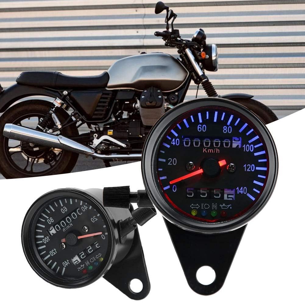 Odomètre de Moto Universel, Double Tachymètre et Compteur de Vitesse, Rétroéclairage LED Bleu 12V, Métal Noir, pour Cafe Racer et Motos Rétro