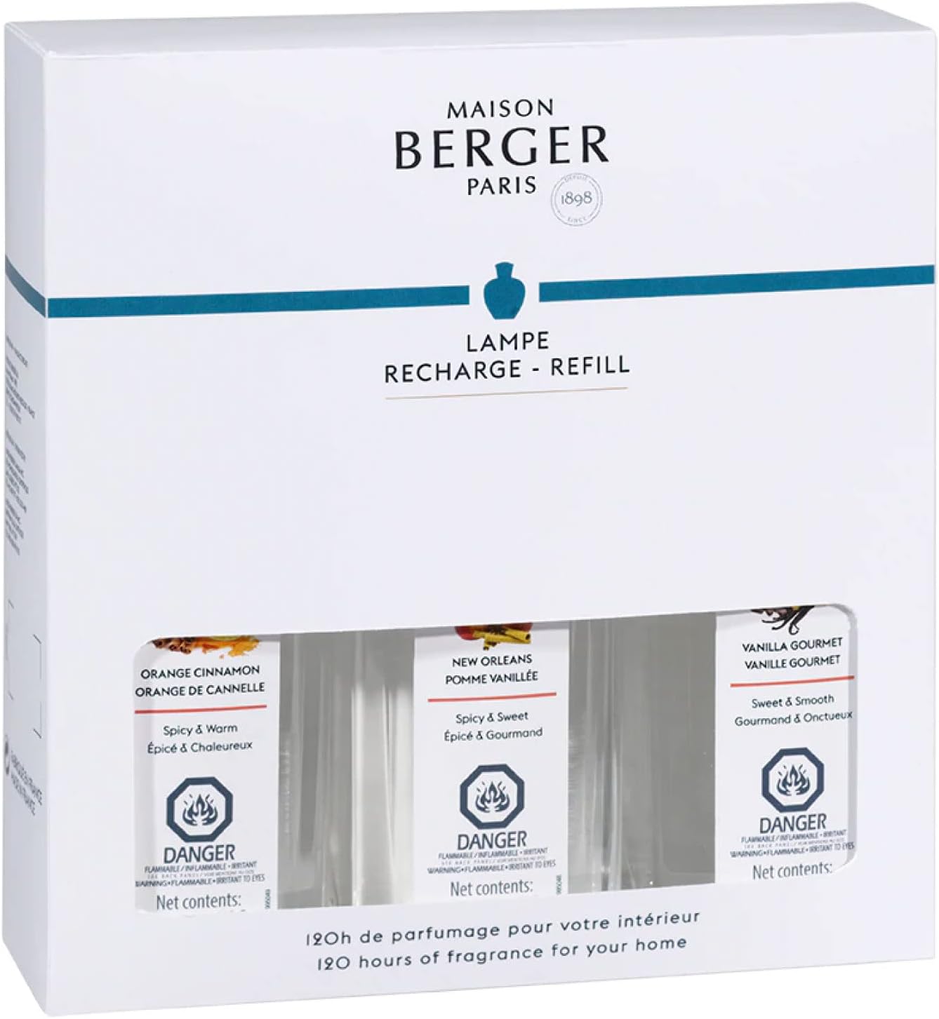 MAISON BERGER Lamp Refill Trio Warm – 3 x 250 ml Home Fragrance Refills for Lampe Berger Catalytic Lamps – Vanilla Gourmet, New Orleans & Orange Cinnamon – Helps Purify Then Fragrance the Air