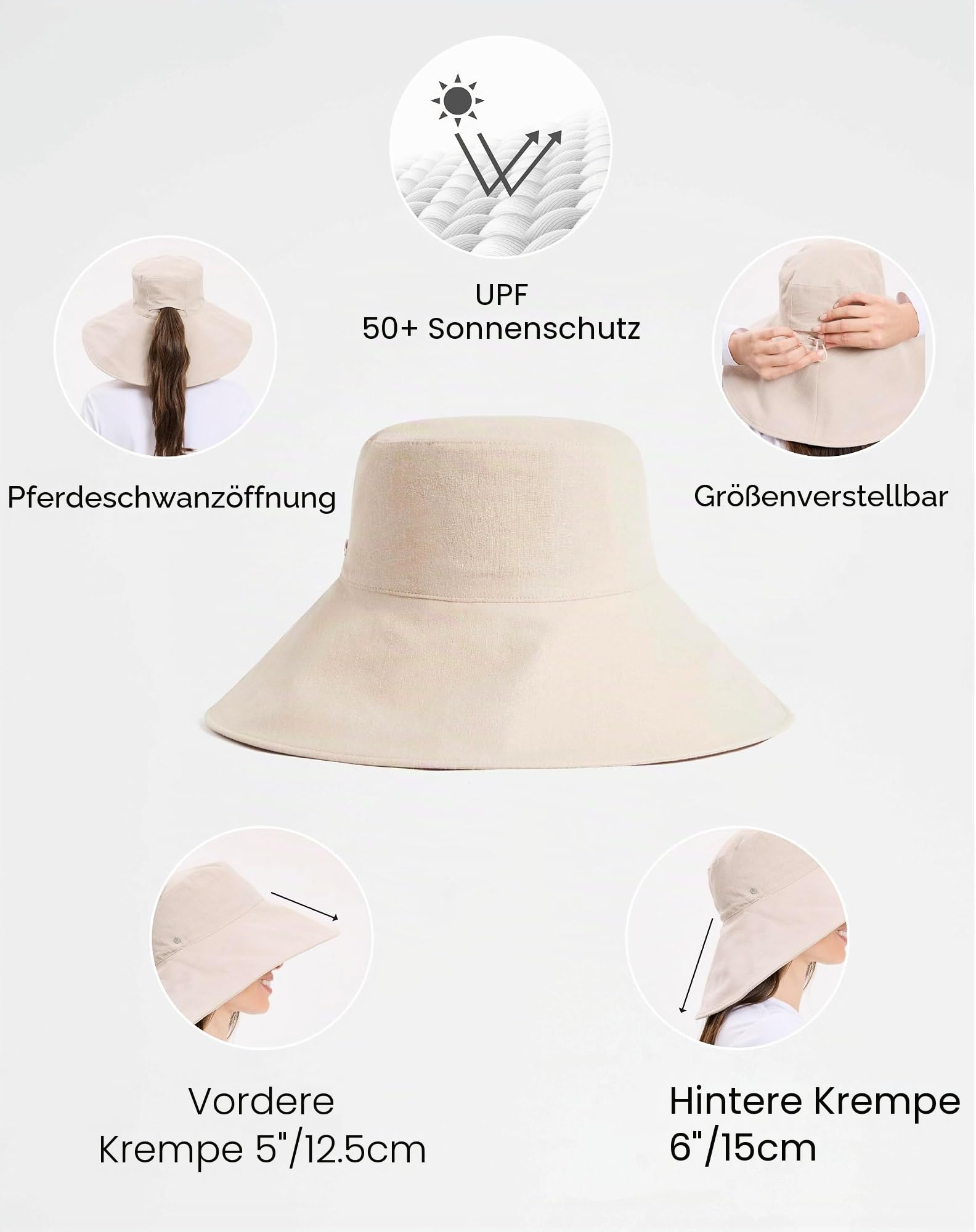 Solbari Sonnenhut für Damen, ultraweit, Baumwolle, Leinen, UPF 50+, verstaubar, verstellbar, mit Pferdeschwanzloch für Reisen, Strand und Outdoor