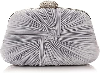 Golden Rhinestones Banquet Small Handbags Ruched Women Evening Bags Satin Diamonds Day Clutch Bag, Silver, One Size