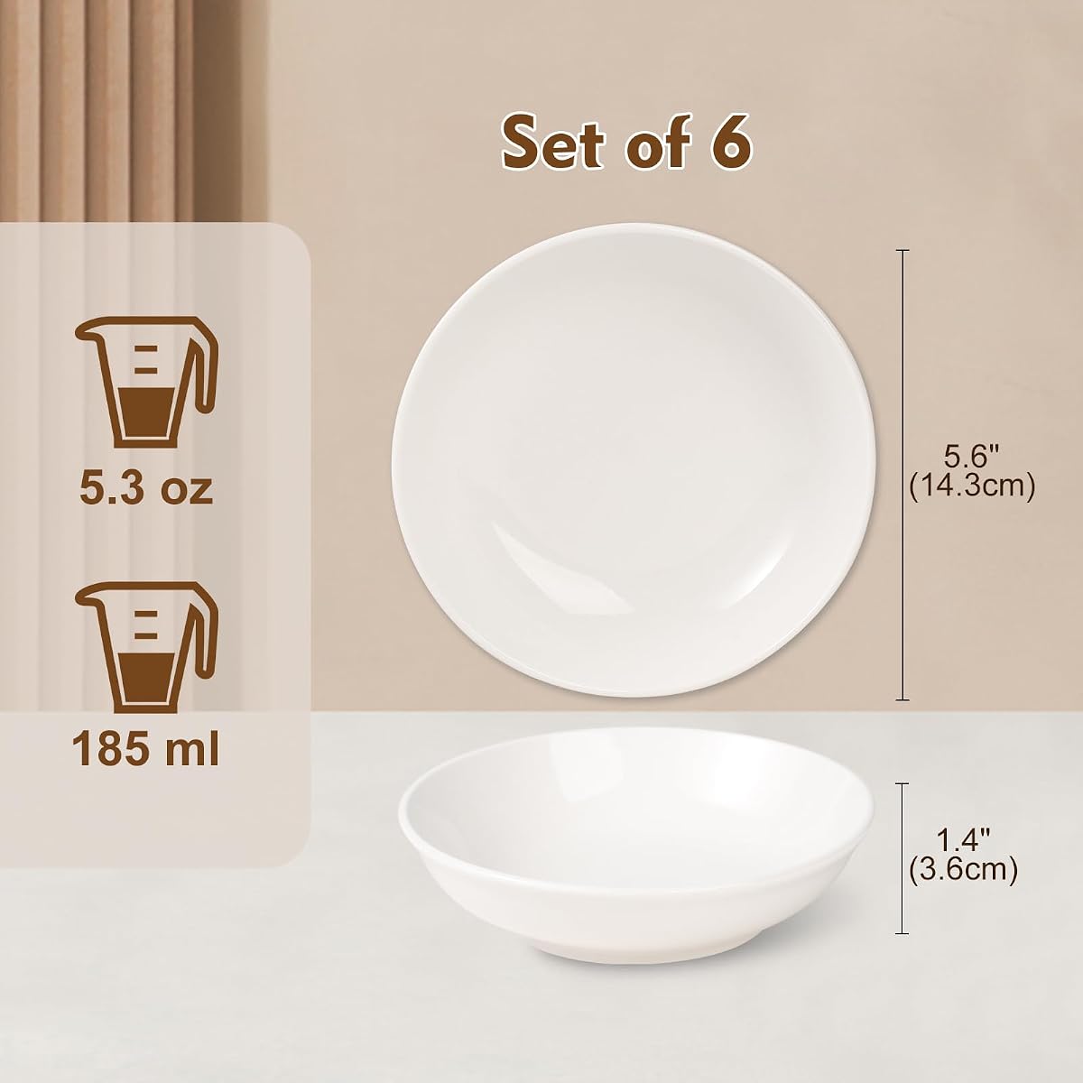 Ceramic Cat Dishes for Food - Cute Cat Bowl Set of 6 - Wide, Shallow, Whisker Friendly - Minimalist Style - Microwave and Dishwasher Safe - 5.3 oz - 5.6 inch