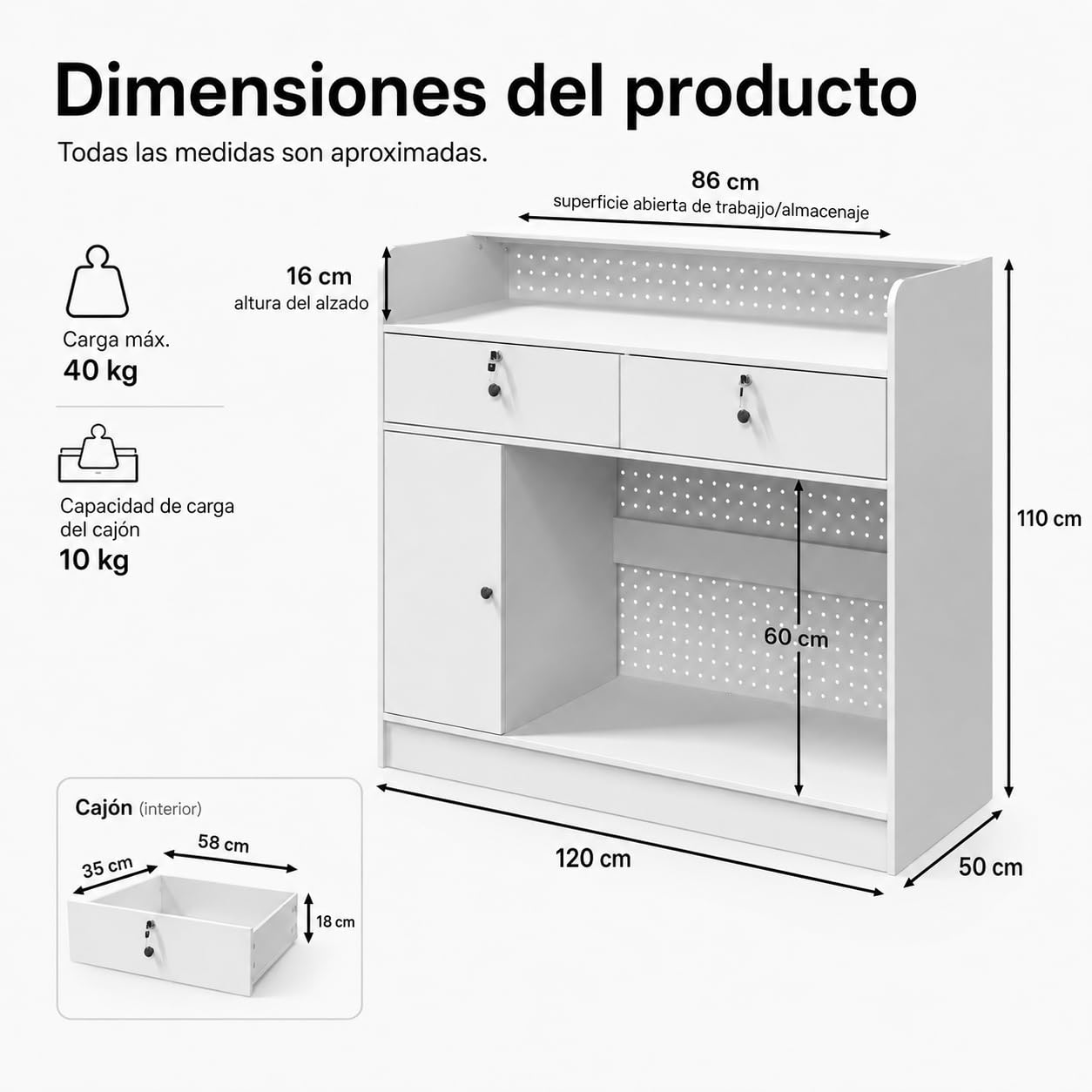 Mostrador de Recepción Blanco 120cm con Panel Perforado – Caja Registradora con 3 Estantes Ajustables, 2 Cajones con Llave, Puerta y Almacenaje – Mostrador para Tienda, Salón, Oficina, 120×110×50cm