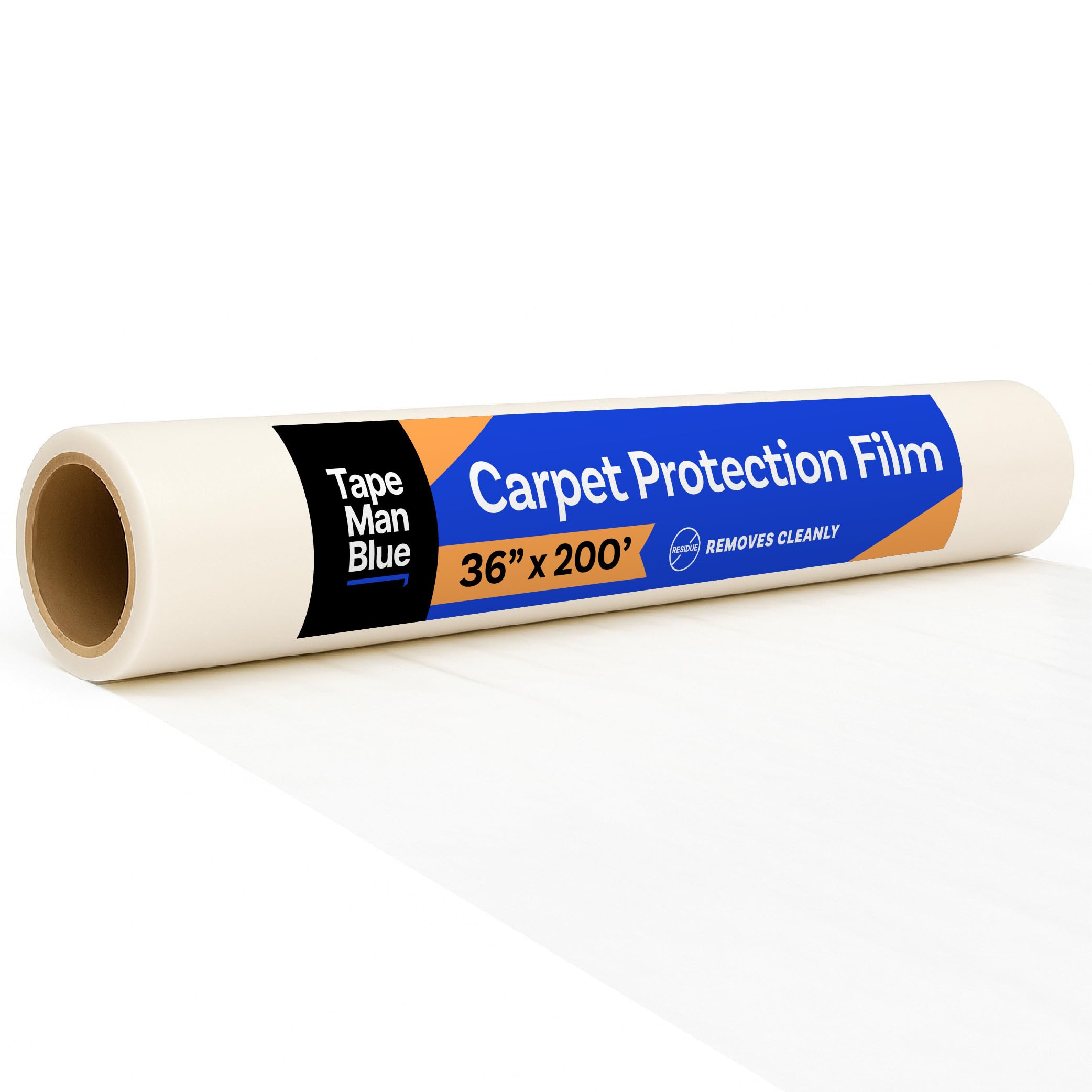 TapeManBlue Carpet Protection Film 36" x 200' roll. Made in The USA. Easy Unwind, Clean Removal, Strongest and Most Durable Plastic Carpet Protector. Clear, Self-Adhesive Surface Protective Film.