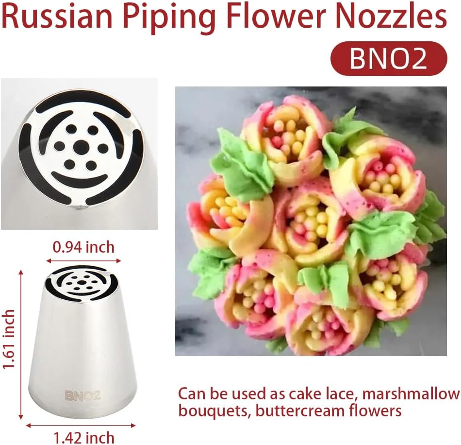 82Pack Large Russian Flower Nozzles for Cake Decorating Stainless Steel Buttercream Bouquet Nozzles,Includes 65 Large Flower Nozzles,2 Leafs, 2 Converters,2 Brushes,1 Silicone,10 Framing Bags