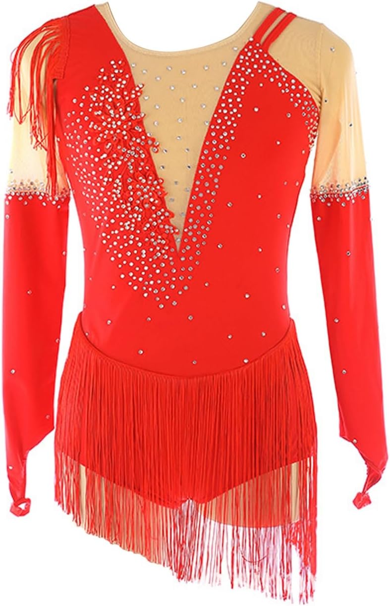 WOLWES Fringe Skating Dress, Red Figure Skating Dress, Backless with Rhinestone Skating Competition Dresses