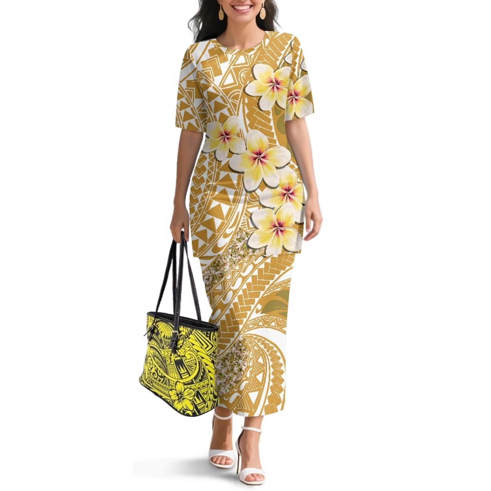 Polynesian Dress for Women Short Sleeve High Waist Maxi Skirt