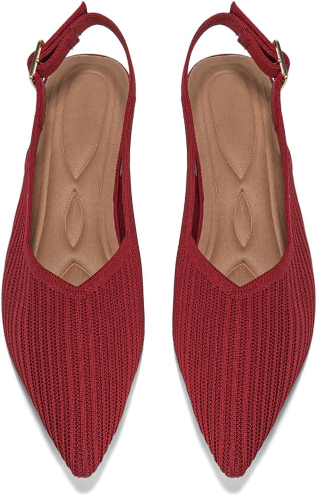 Women's Pointed Toe Knit Ballet Flats with Adjustable Ankle Strap – Arch Support, Cushioned Insole, Machine Washable,Slip-On Dress Shoes for Office & Casual Wear