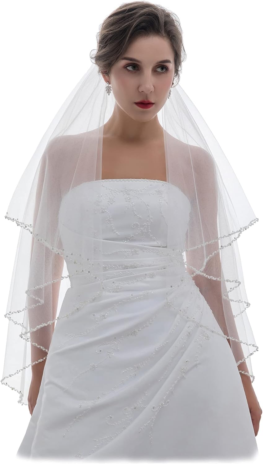SAMKY Alternating Wavy Crystal Pearl Beaded Bridal Wedding Veil