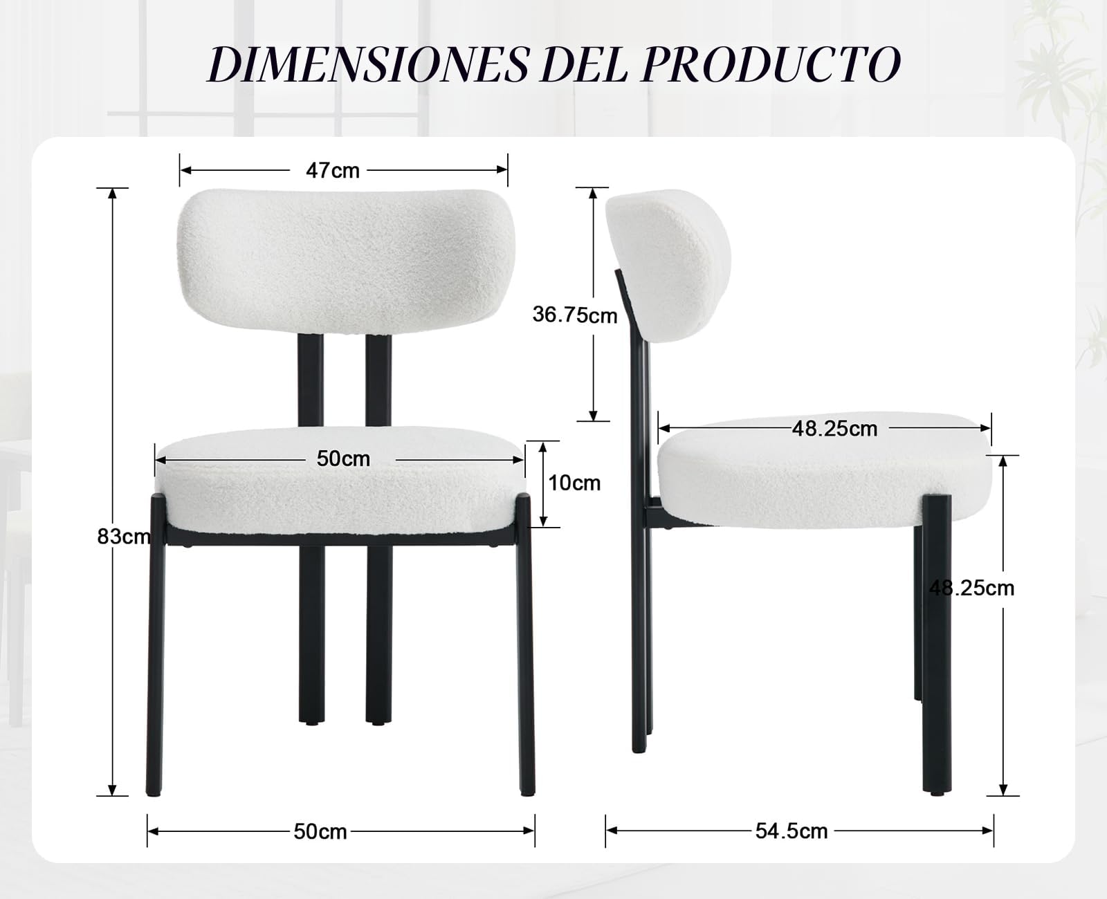 chairus 2PCS Sillas de Comedor Modernas de Piel Sintética, Blanco | Modernas, Tapizadas, Respaldo Redondo, Patas Metálicas, Para Hogar/Restaurante
