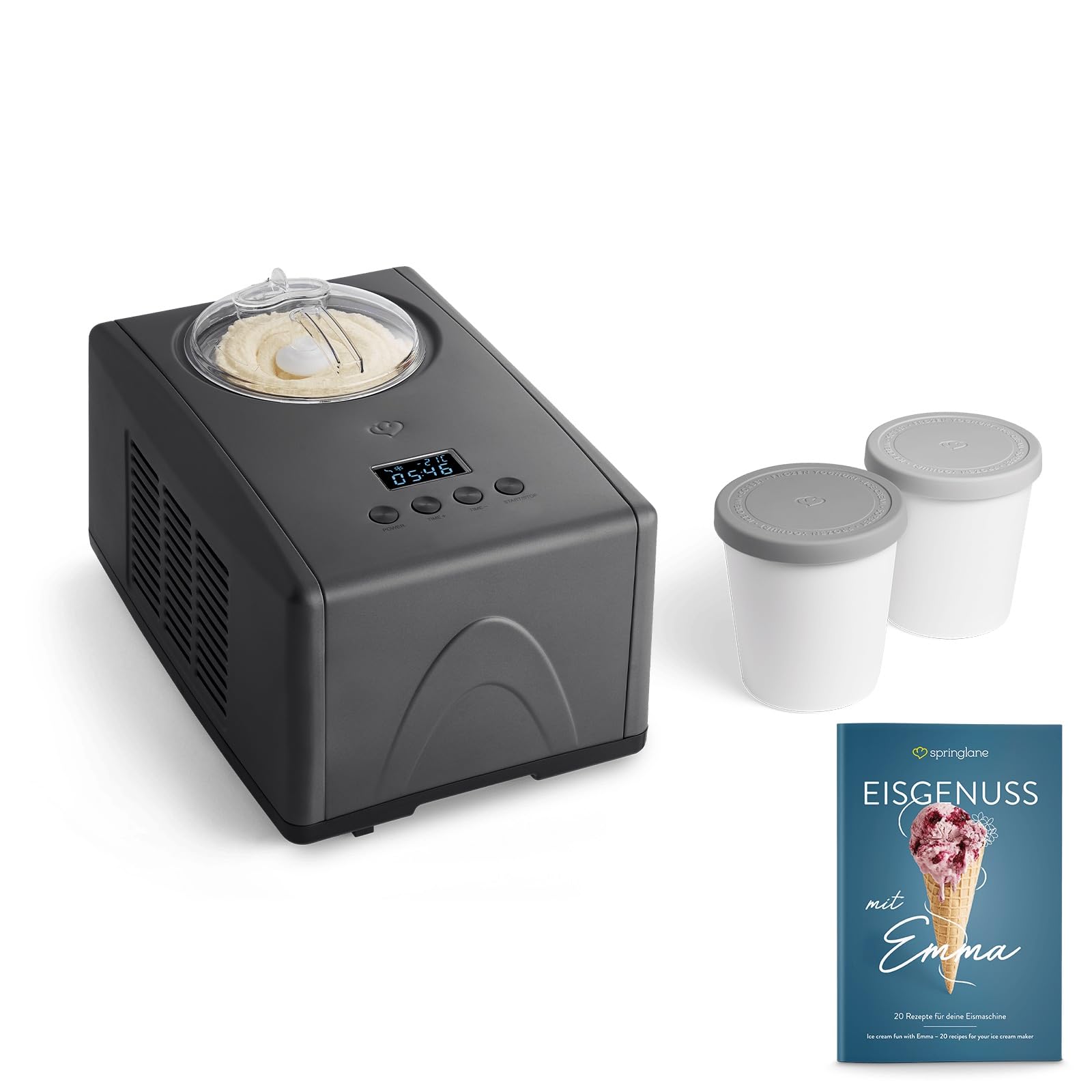 SPRINGLANE Eismaschine Emma 1,5 L mit selbstkühlendem Kompressor 150 W, aus Edelstahl mit entnehmbarem Eisbehälter, inkl. Rezeptheft (Anthrazit, Eismaschine + 2 Aufbewahrungsbehälter Grau)