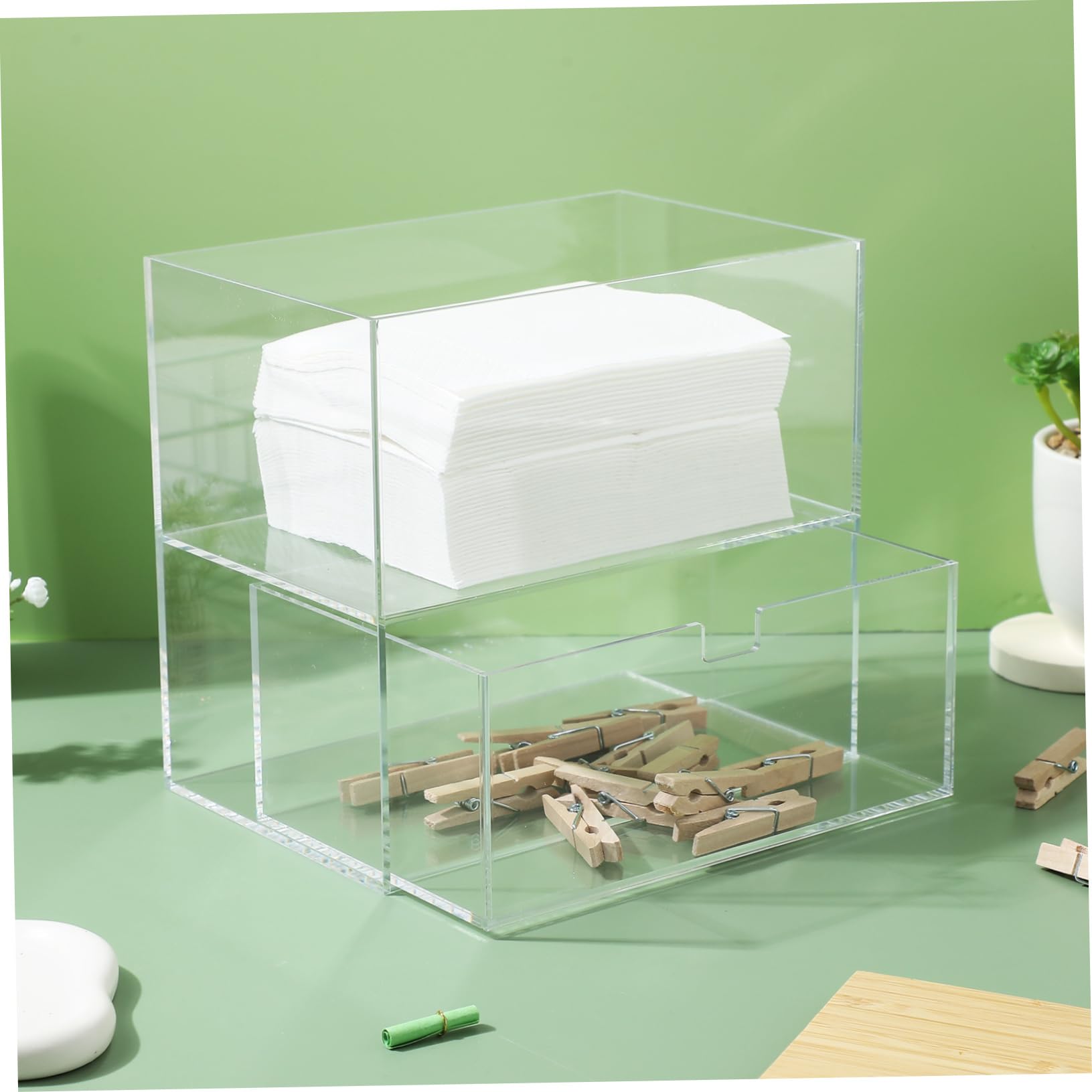 ABOOFAN Organizer mit Bambusdeckel Aufbewahrungsbox aus Acryl Platzsparende Wäschekapsel und Deckel mit Doppelkammern für Wäscheraum