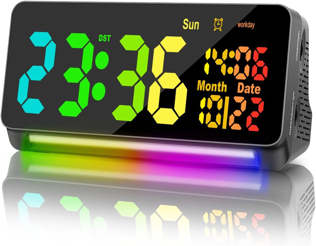 120db Super Loud Alarm Clocks for Heavy Sleepers adults , 15 Wake Up Sounds Alarm Clock for Heavy sleepers , 7 Color Night Light, Dynamic RGB Color , 0-100% Dimmer, Snooze, DST , Large LED Display