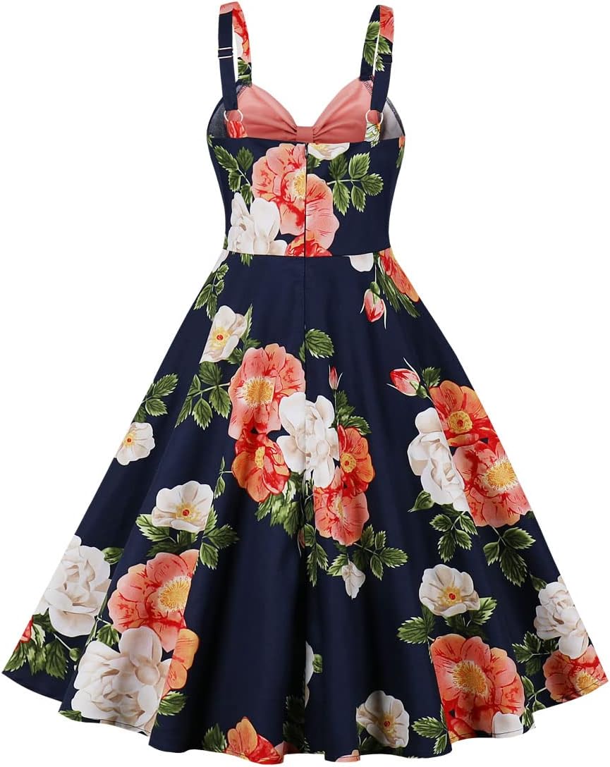 Women Spaghetti Straps 50s Vintage Floral Print Cocktail Party Swing Dress Pinup Contrast Color Block Retro 1950s Audrey Rockabilly Prom Dress Fared A-line Backless Wedding Dress Pink+Dark Blue XL - Image 3