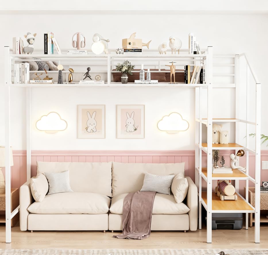 Image of Bellemave Twin Size loft Bed with Storage Stairs and Upper Grid Storage Shelf, Metal Twin Loft Bed Frame for Adults, Kids, Teens, White