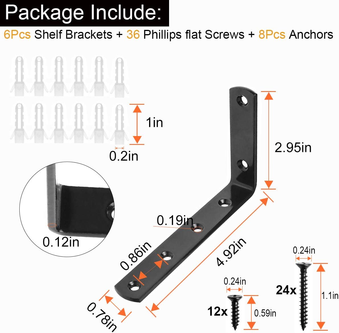 6 PCS 90 Degree Angle L Shaped Shelf Bracket with 36 Pcs Screws and 12 Pcs Anchors,Corner Brace Joint Bracket Fastener, 5 x 3Inch Floating Shelves Bracket Support Wall Hanging, Black, Metal